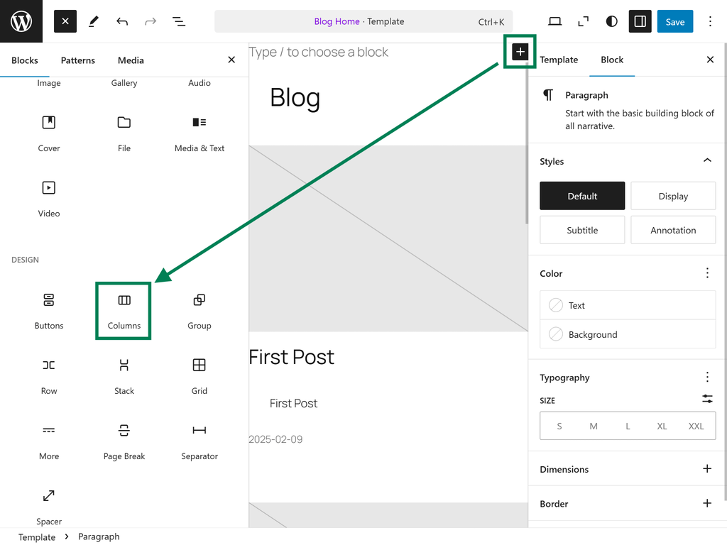Change paragraph block to column block