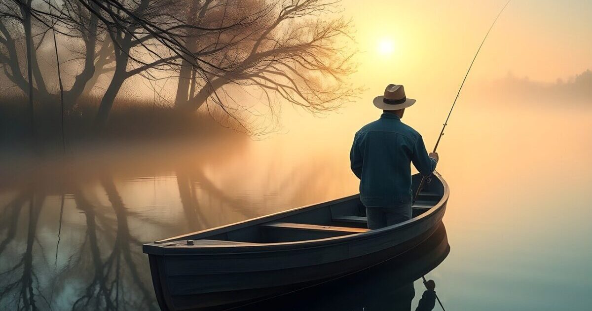 fisherman, fishing, happy birthday, boat, nature, lake, calm, landscape, river, fog, sunrise, peaceful, scenic, morning, mood, hobby, pastime, patience, skill, enjoyment, pleasure, greeting card, father's day, copy space